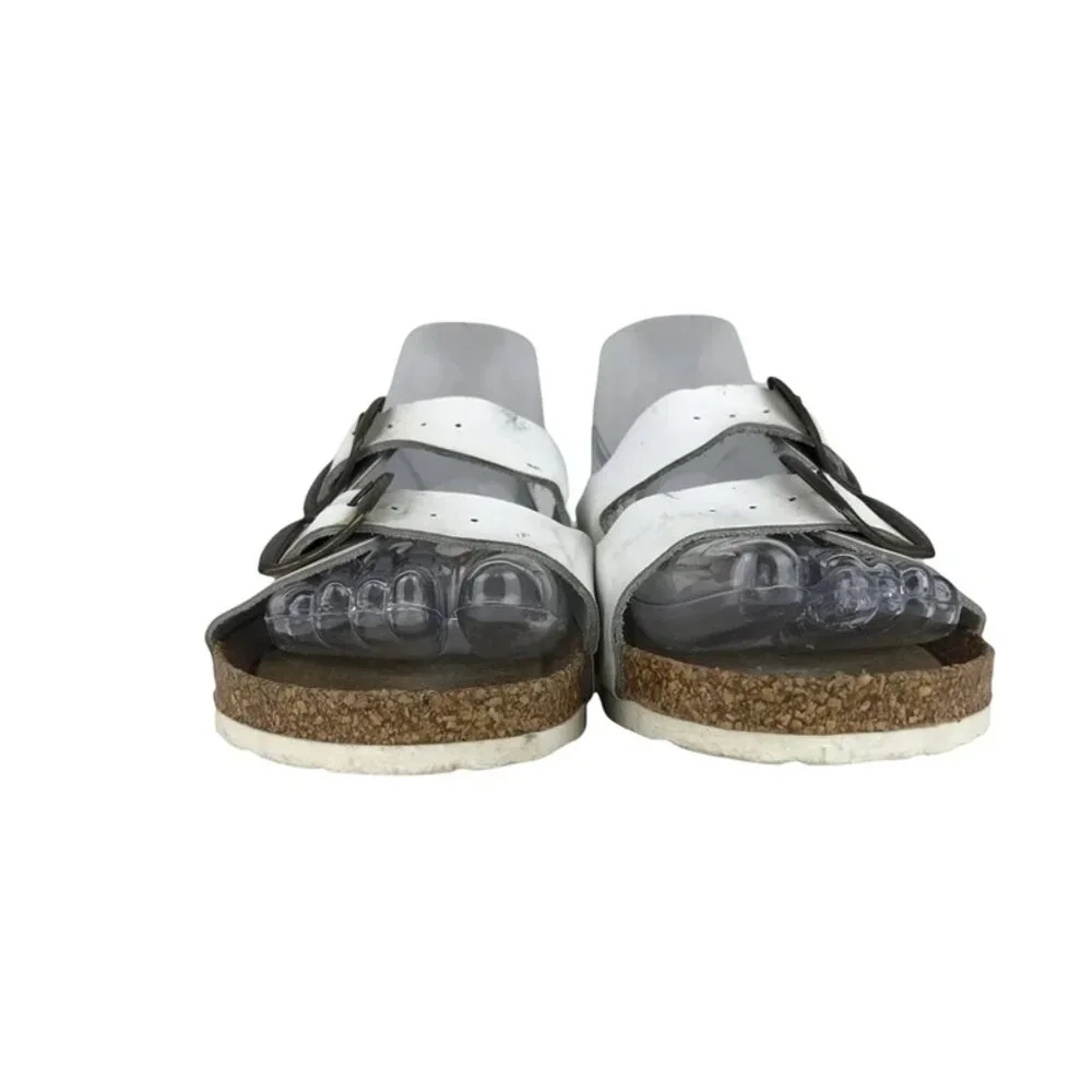 Euro Trekkers Womens White Brown Adjustable Strap Slip On Slide Sandals Sz US 7‎